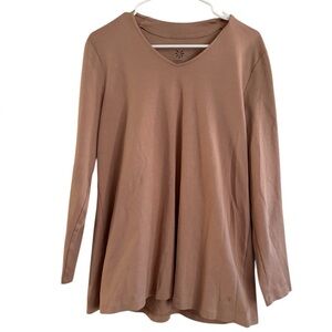 Isaac Mizrahi Live Essentials Womens Long Sleeve V-Neck Tan Top 100% Pima Cotton